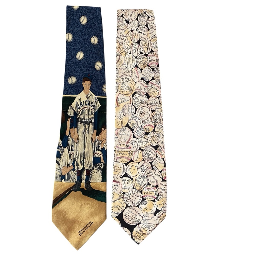 Lot of 2 Men's All Silk Tie Baseball Norman Rockwell‎ Museum Artifacts